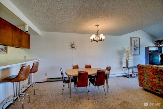 carpeted dining space with a chandelier, a textured ceiling, and baseboard heating