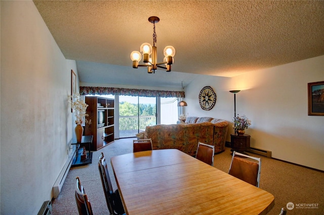 dining space featuring dark colored carpet, a textured ceiling, and baseboard heating