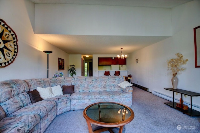 carpeted living room with a notable chandelier