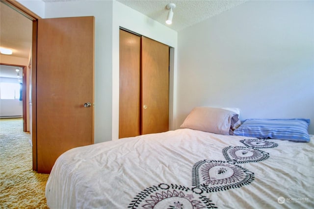 bedroom featuring a closet, light colored carpet, and a textured ceiling