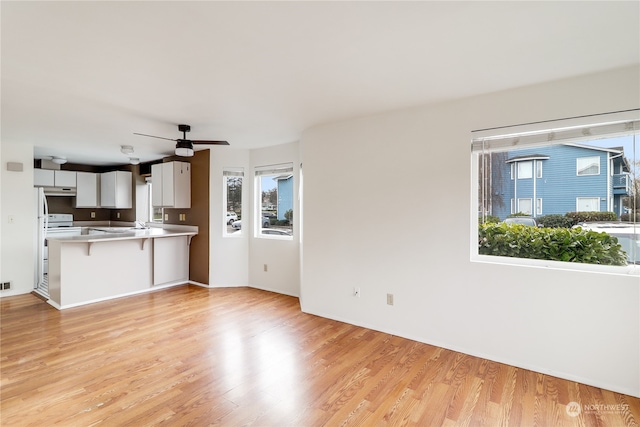 unfurnished living room featuring a healthy amount of sunlight, ceiling fan, and light hardwood / wood-style floors