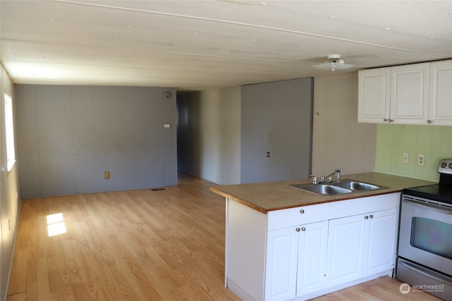 kitchen featuring stainless steel range with electric stovetop, sink, white cabinets, and light wood-type flooring