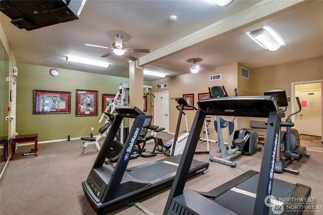 gym with carpet flooring and ceiling fan