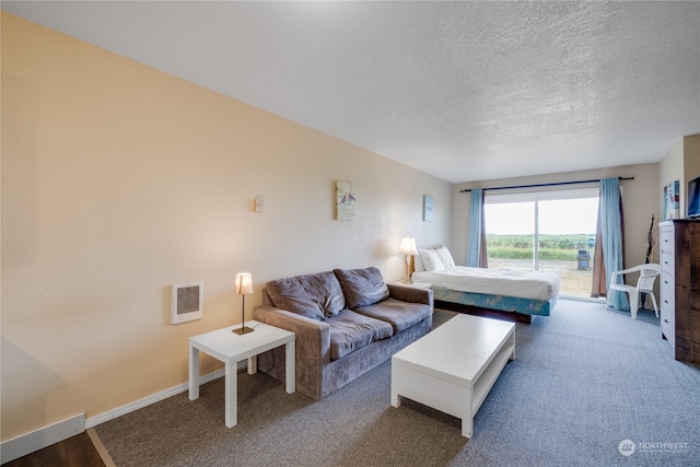 living room with carpet flooring and a textured ceiling