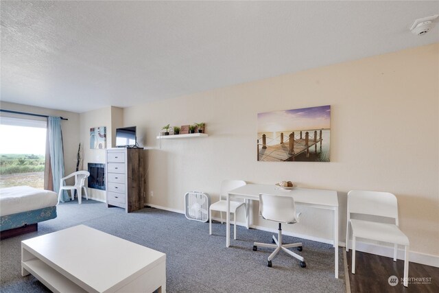 carpeted office featuring a textured ceiling