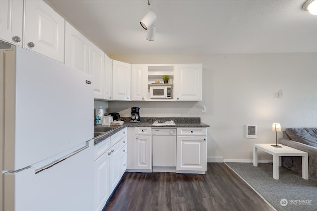 kitchen with white cabinetry, white appliances, dark countertops, and dark wood finished floors