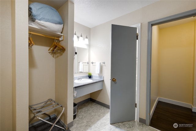 bathroom with vanity and hardwood / wood-style floors