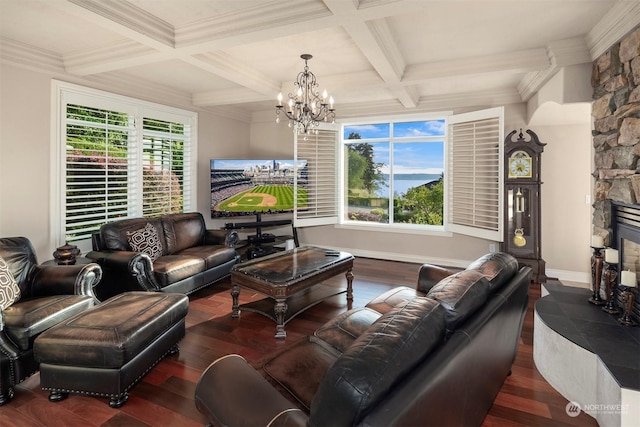 living room with beam ceiling, coffered ceiling, an inviting chandelier, dark hardwood / wood-style flooring, and a fireplace