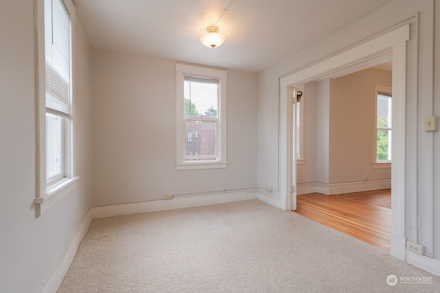 unfurnished room featuring a healthy amount of sunlight and light carpet