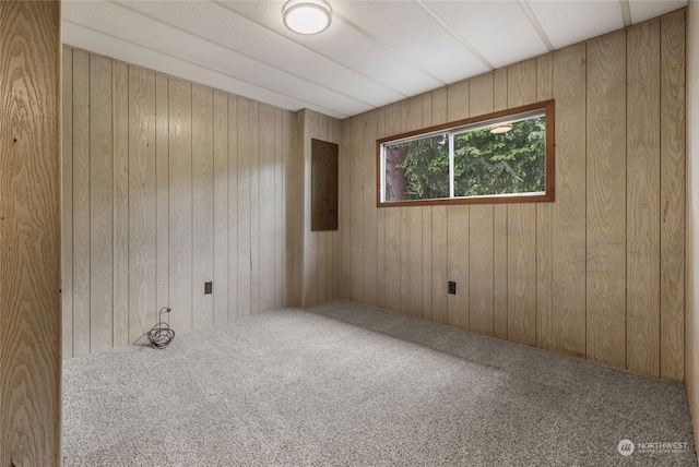 carpeted empty room featuring wooden walls