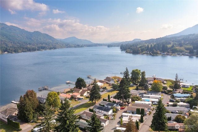 drone / aerial view featuring a water and mountain view