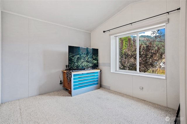 unfurnished living room featuring lofted ceiling, carpet flooring, and ornamental molding