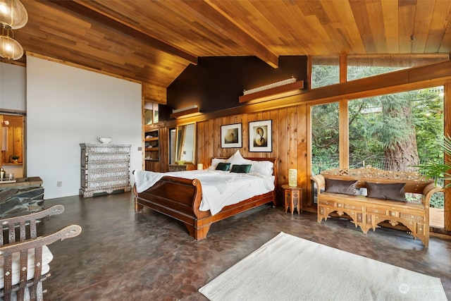 bedroom featuring high vaulted ceiling, beam ceiling, and wooden walls