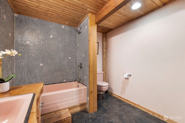 bathroom with vanity, toilet, a bathing tub, and wood ceiling