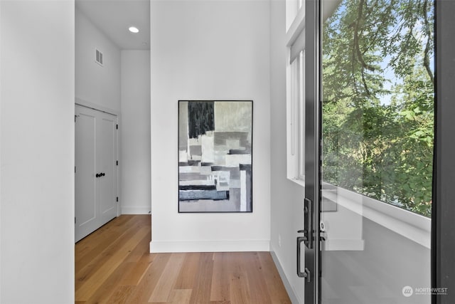 hallway featuring light wood-type flooring and a wealth of natural light