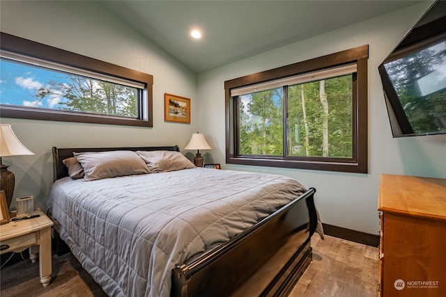 bedroom with lofted ceiling and hardwood / wood-style flooring