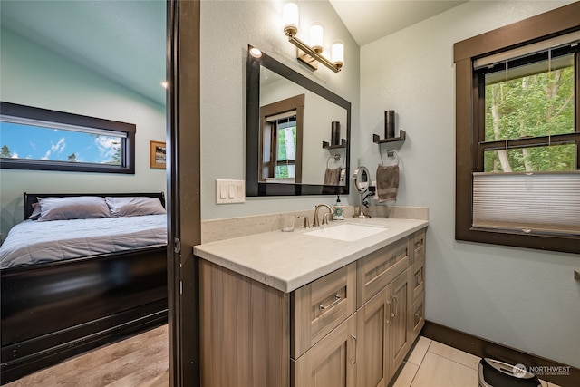 bathroom featuring lofted ceiling, a wealth of natural light, and vanity