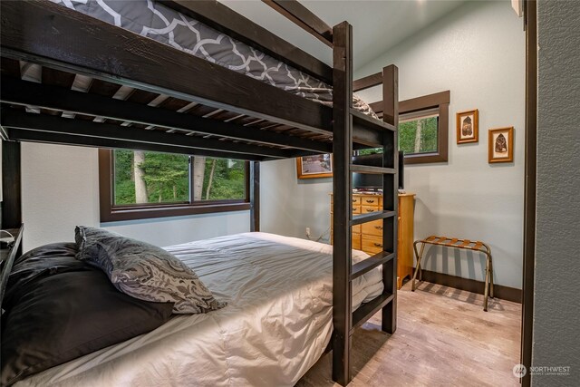 bedroom featuring multiple windows and hardwood / wood-style flooring