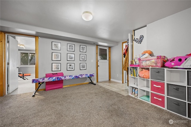 recreation room featuring carpet flooring