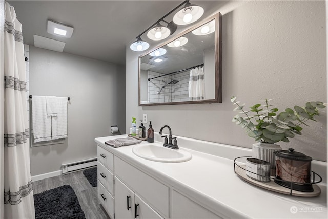 bathroom featuring vanity, a baseboard radiator, and hardwood / wood-style flooring