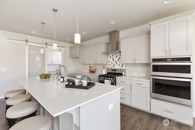 kitchen with appliances with stainless steel finishes, wall chimney exhaust hood, sink, a barn door, and hanging light fixtures