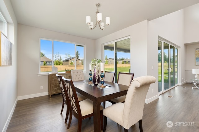 dining space with a chandelier, dark hardwood / wood-style flooring, and plenty of natural light