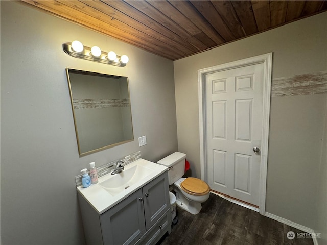 bathroom with wooden ceiling, wood finished floors, vanity, and toilet