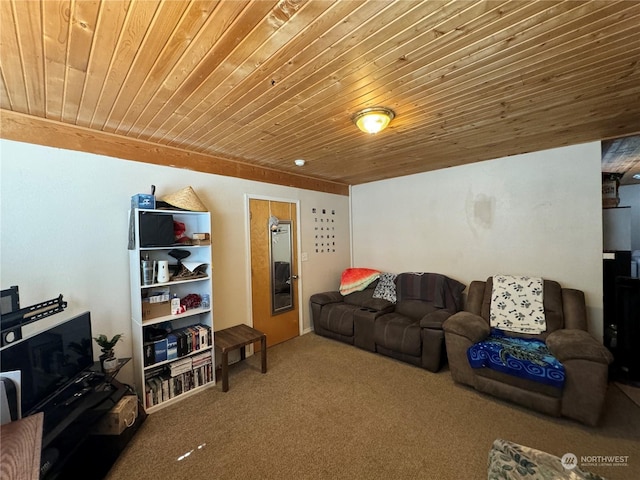 living room featuring wooden ceiling and carpet