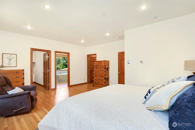 bedroom featuring ensuite bathroom, a spacious closet, and hardwood / wood-style flooring