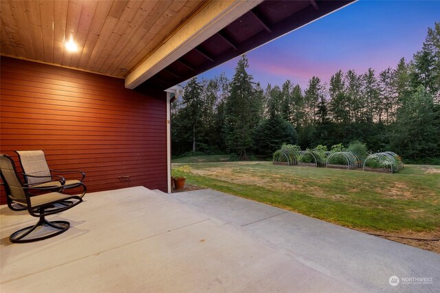 patio terrace at dusk featuring a lawn