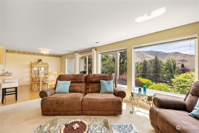 living room featuring a mountain view