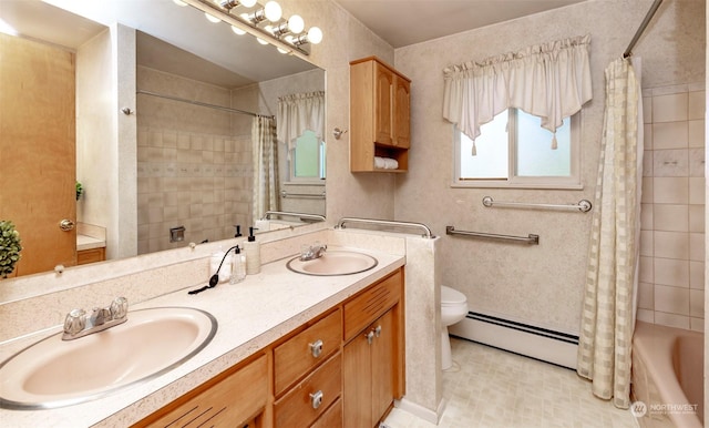 full bathroom with shower / bathtub combination with curtain, dual bowl vanity, toilet, baseboard heating, and tile patterned flooring