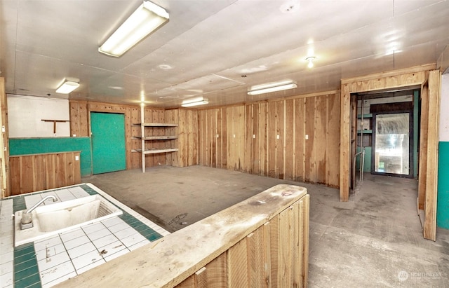 basement featuring wood walls