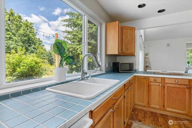 kitchen with sink, wood-type flooring, tile counters, and a healthy amount of sunlight