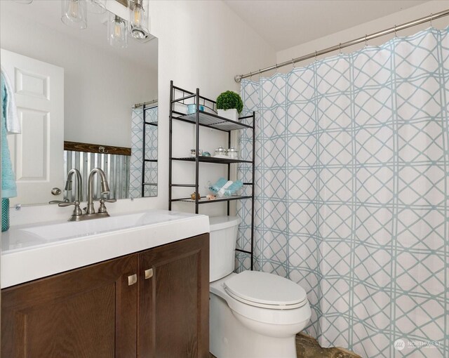 bathroom featuring vanity, toilet, and a shower with shower curtain