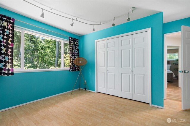 unfurnished bedroom featuring wood-type flooring and a closet