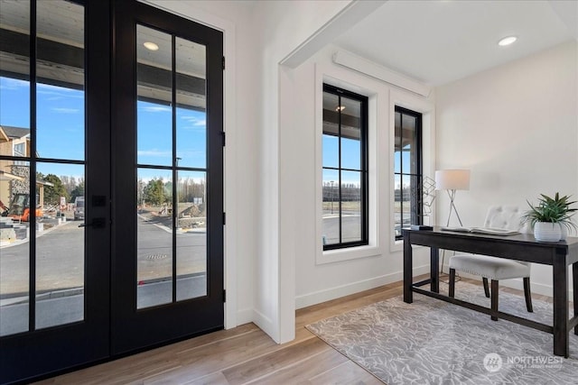 entryway with wood-type flooring, plenty of natural light, and french doors