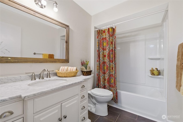 full bathroom featuring vanity, toilet, tile patterned floors, and shower / tub combo with curtain