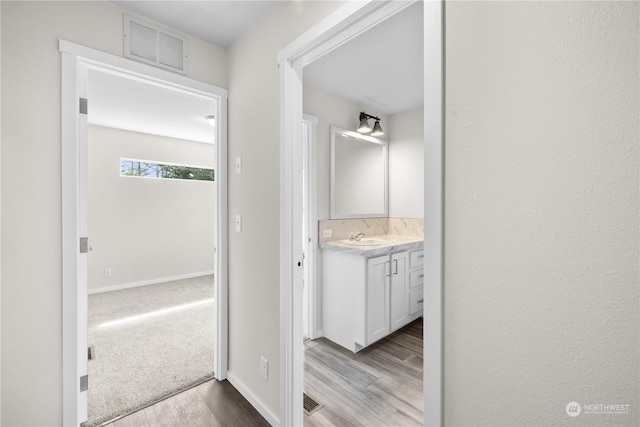 bathroom with vanity and wood-type flooring