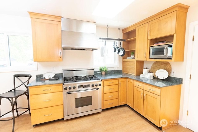 kitchen featuring stainless steel appliances, range hood, light hardwood / wood-style flooring, and light brown cabinets