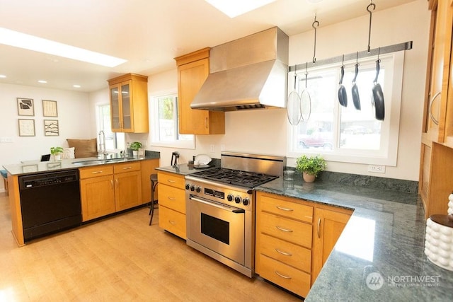 kitchen with dishwasher, sink, stainless steel gas range oven, wall chimney range hood, and light hardwood / wood-style flooring