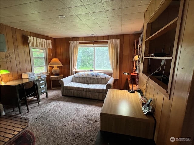 sitting room with carpet flooring, a wealth of natural light, and wooden walls