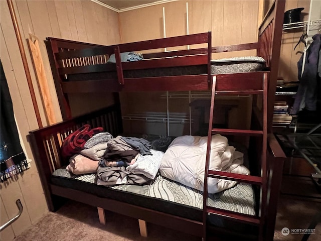 525 Meade Hill Rd, Glenoma, WA 98336 - bedroom featuring ornamental molding and wood walls
