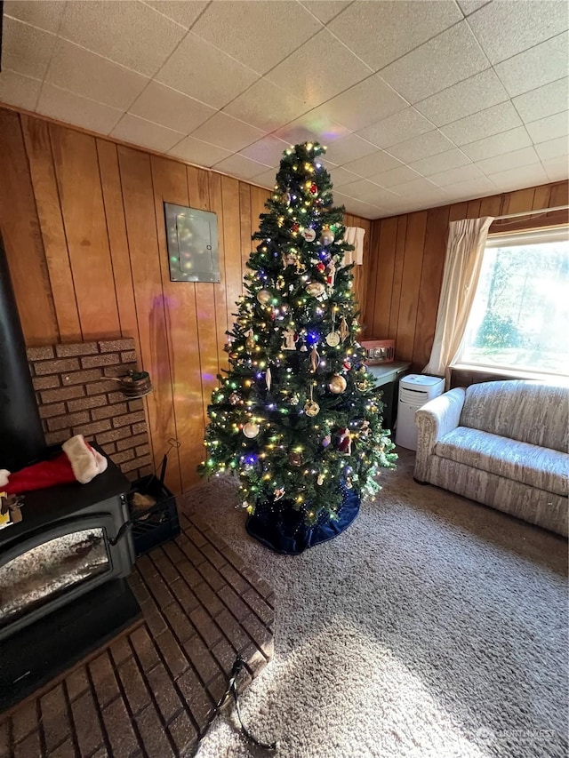 living room featuring carpet, electric panel, a wood stove, and wooden walls