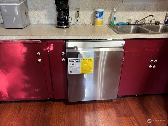 kitchen with stainless steel dishwasher, dark hardwood / wood-style floors, decorative backsplash, and sink