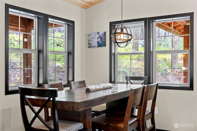 dining area featuring a wealth of natural light and wood ceiling