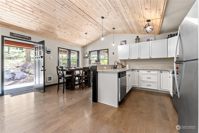 kitchen featuring kitchen peninsula, stainless steel appliances, pendant lighting, wooden ceiling, and white cabinetry