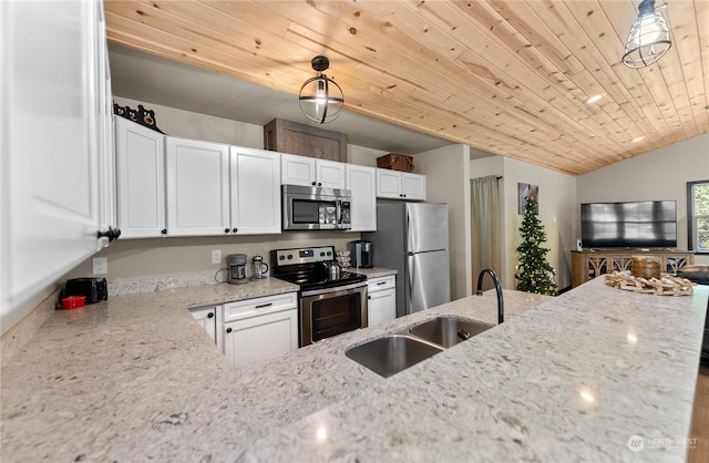 kitchen featuring white cabinets, sink, decorative light fixtures, wood ceiling, and stainless steel appliances