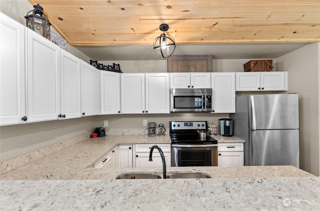 kitchen with light stone countertops, white cabinetry, sink, wooden ceiling, and appliances with stainless steel finishes