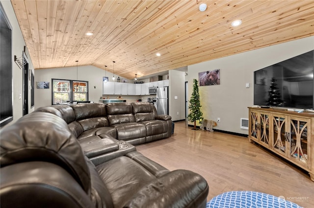 living room with wooden ceiling, lofted ceiling, and light hardwood / wood-style floors